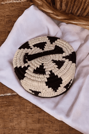 Handwoven Sabai basket set with black and natural beige geometric pattern