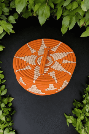 Terracotta Bloom Handwoven Sabai Snack Basket Set Handwoven terracotta orange Sabai grass snack basket set with lid and cone bowls
