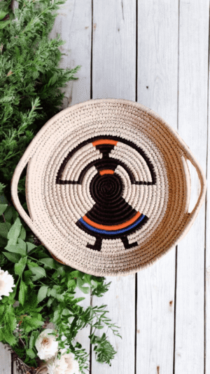 Handwoven Sabai Grass Decorative Basket – Tribal Round Design Handwoven Sabai grass decorative basket with tribal round woven design