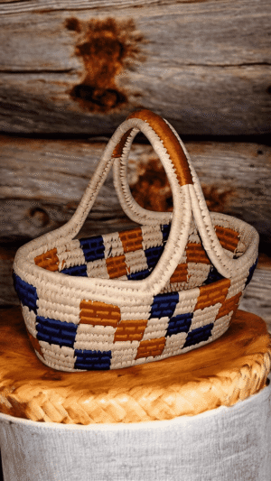 Handwoven Sabai grass utility basket with multicolor checkered woven design