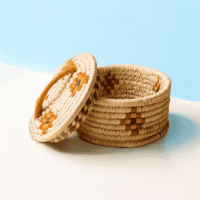 Handwoven Sabai grass storage box with lid in multicolor woven pattern