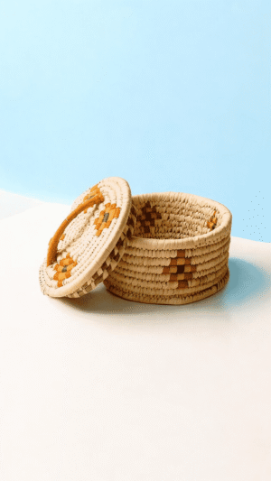 Handwoven Sabai grass storage box with lid in multicolor woven pattern