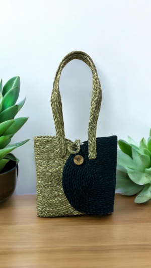 01OD023_1 Handwoven Sabai Grass Mini Tote Bag – Black & Natural