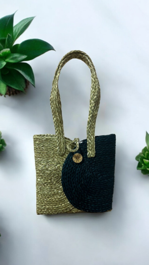 Handwoven Sabai Grass Mini Tote Bag – Black & Natural Handwoven Sabai grass mini tote bag in black and natural color combination