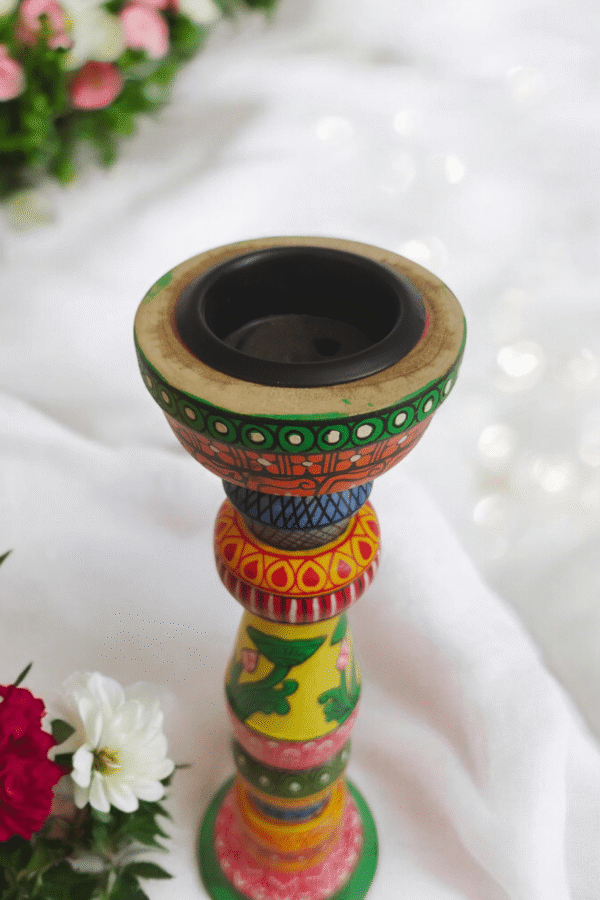 15OD002_2 Odisha Pattachitra Hand-Painted Wooden Candle Stand