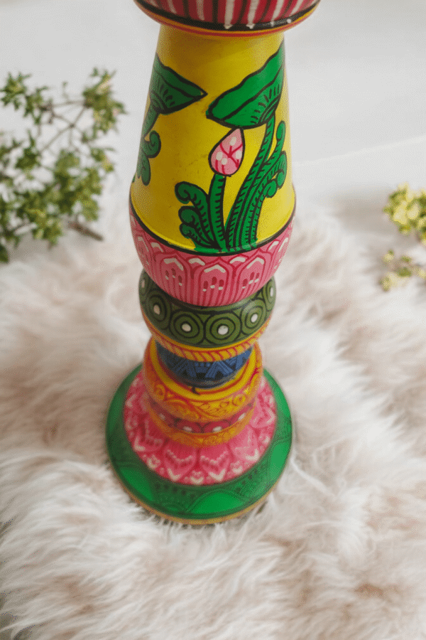 15OD002_3 Odisha Pattachitra Hand-Painted Wooden Candle Stand