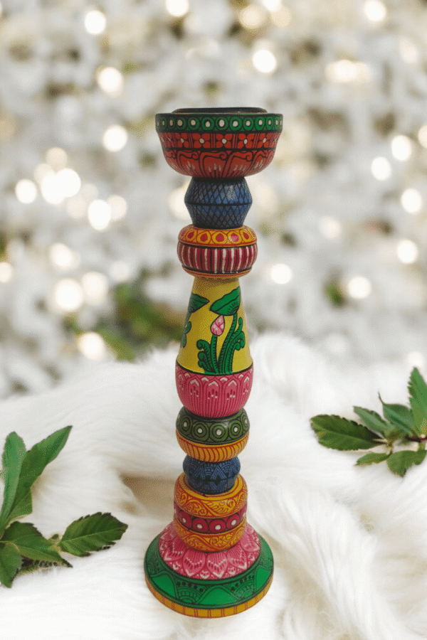 15OD002_4 Odisha Pattachitra Hand-Painted Wooden Candle Stand