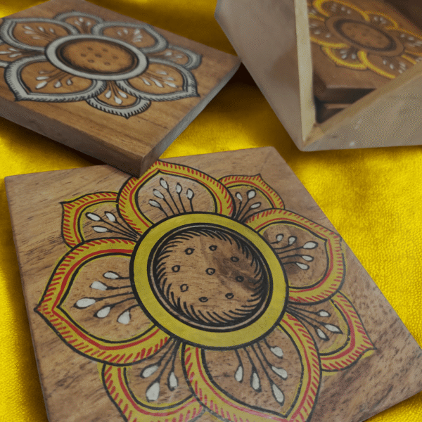 15OD003_2 Artisanal Indian Floral Wooden Coaster Set with Box