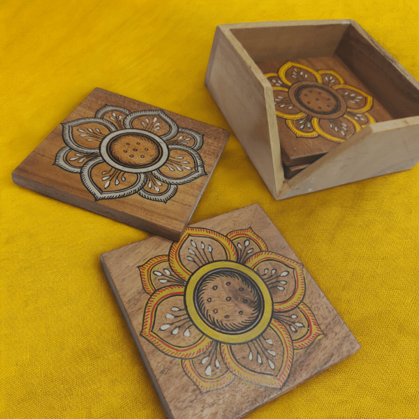 15OD003_3 Artisanal Indian Floral Wooden Coaster Set with Box