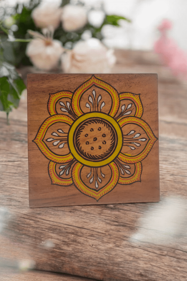 15OD003_4 Artisanal Indian Floral Wooden Coaster Set with Box