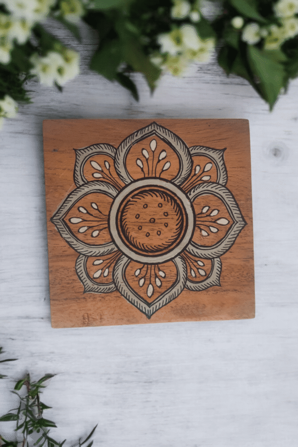 15OD003_5 Artisanal Indian Floral Wooden Coaster Set with Box