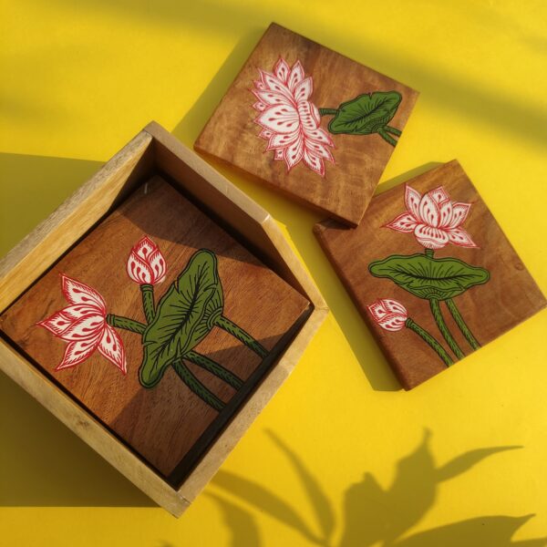 15OD006_1 Serene Lotus Hand-Painted Wooden Coaster Set with Box