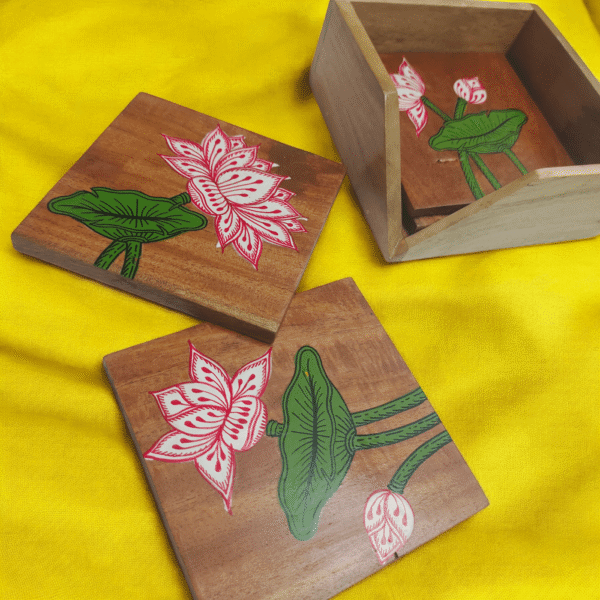 15OD006_2 Serene Lotus Hand-Painted Wooden Coaster Set with Box