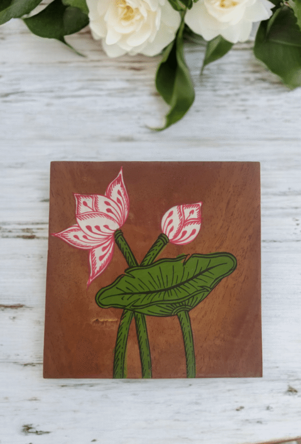 15OD006_4 Serene Lotus Hand-Painted Wooden Coaster Set with Box