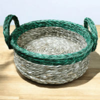 Eco Friendly Handmade Sabai Grass Basket Handmade Sabai grass storage basket with green handles