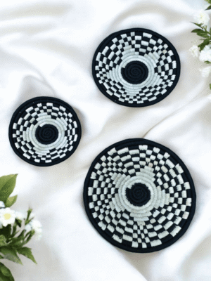 Sabai Grass Spiral Wall Decor Plate Set Sabai grass wall decor plate set with black and white spiral woven design
