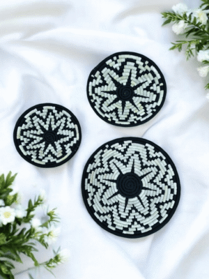Tribal Harmony Sabai Grass Wall Decor Plate Set Handcrafted black and white Sabai grass wall decor plates with tribal design