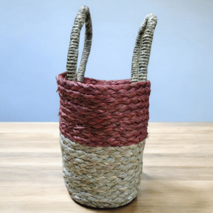 Handwoven Sabai Grass Basket with Maroon Trim
