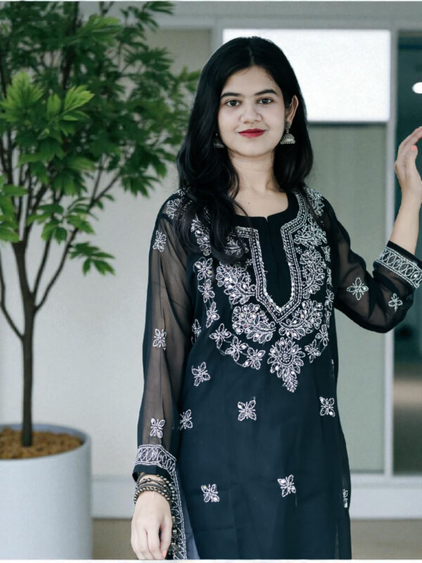 Midnight Black Chikankari Kurta with Mirror Work