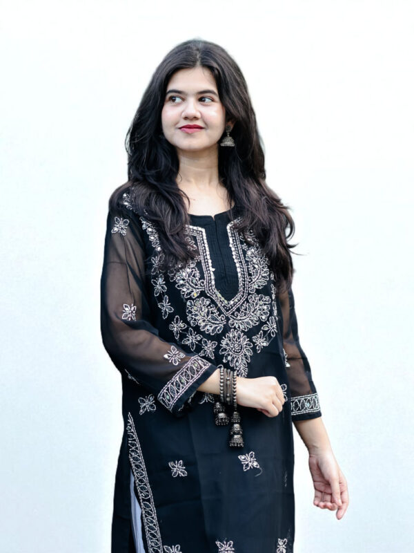 Midnight Black Chikankari Kurta with Mirror Work