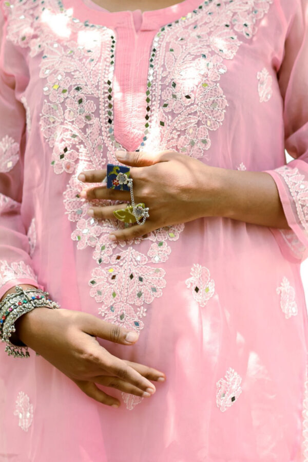 Pastel Pink Chikankari Kurti with Mirror Work