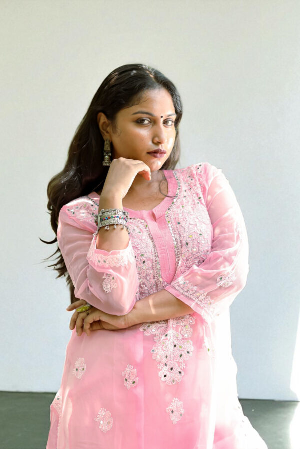 Pastel Pink Chikankari Kurti with Mirror Work
