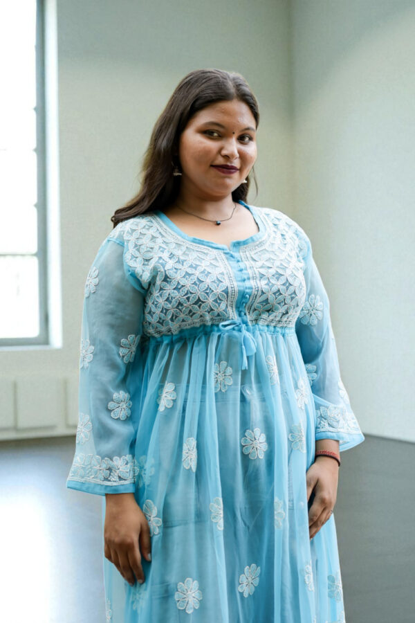 01UP023_101 Sky Blue Chikankari Kurta with Tie-Waist