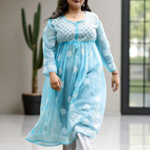 Sky Blue Chikankari Kurta with Tie-Waist