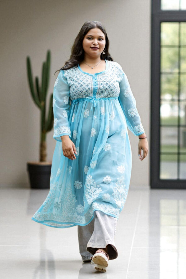 01UP023_104 Sky Blue Chikankari Kurta with Tie-Waist