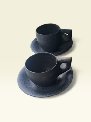 Handcrafted natural black stone tea cup and plate set