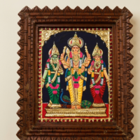 Lord Murugan with Valli and Deivanai Tanjore painting with gold foil traditional frame