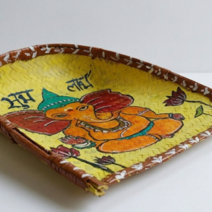 Hand-painted Ganesha bamboo puja kula tray for rituals