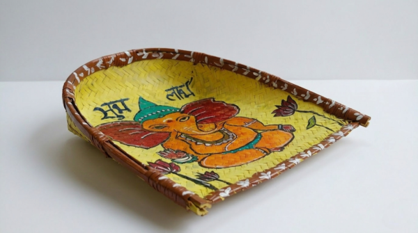 Hand-painted Ganesha bamboo puja kula tray for rituals