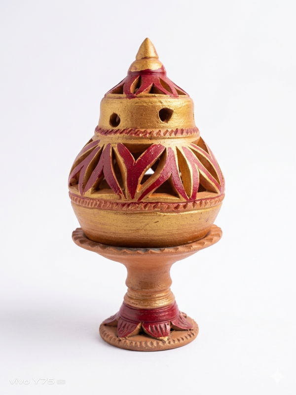 Handcrafted terracotta dhoop dani incense burner with jali design