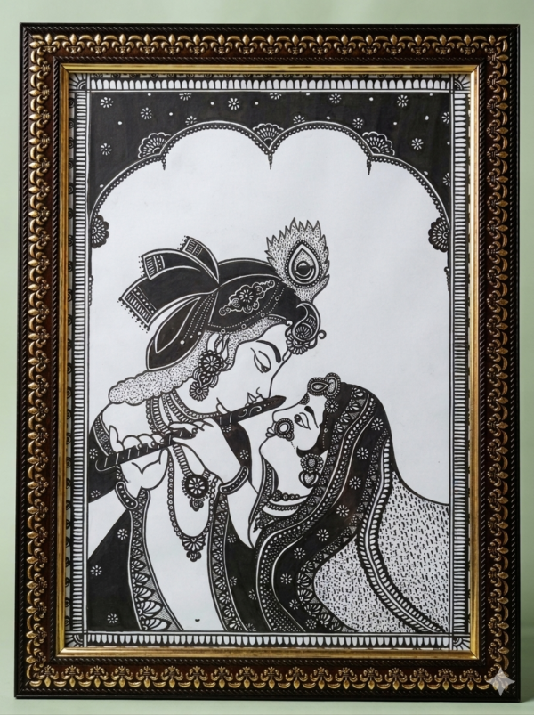 Handcrafted black and white Radha Krishna mandala wall art