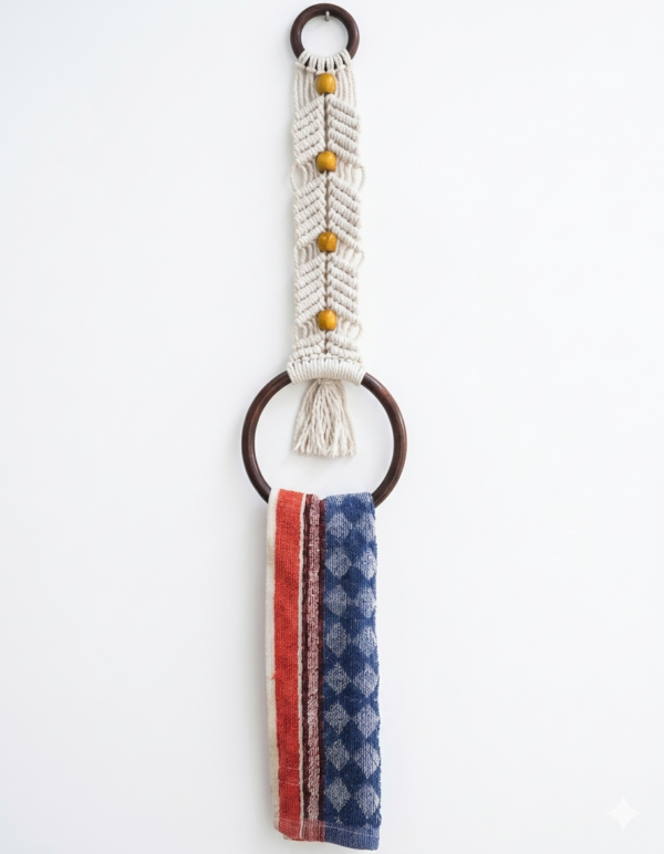 Handcrafted macramé towel holder with wooden beads and black metal ring
