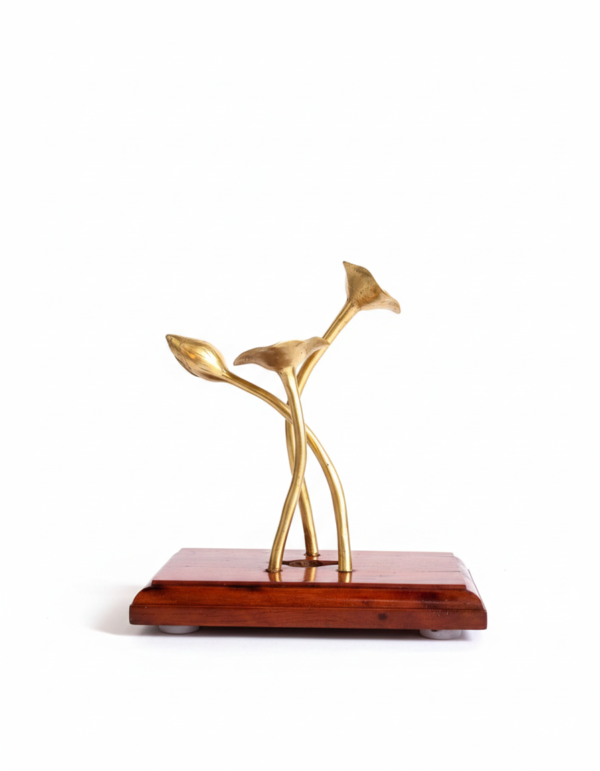 Modern Handcrafted Brass Floral Sculpture with Wooden Base | Artistic Home Decor Accent