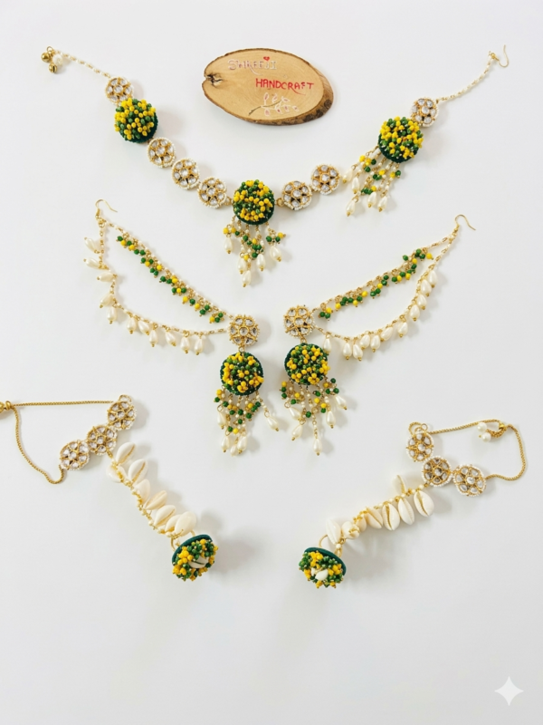 Floral Cowrie Shell Jewelry Set with Green Stones