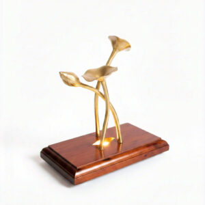 Handcrafted brass floral sculpture with wooden base modern home decor