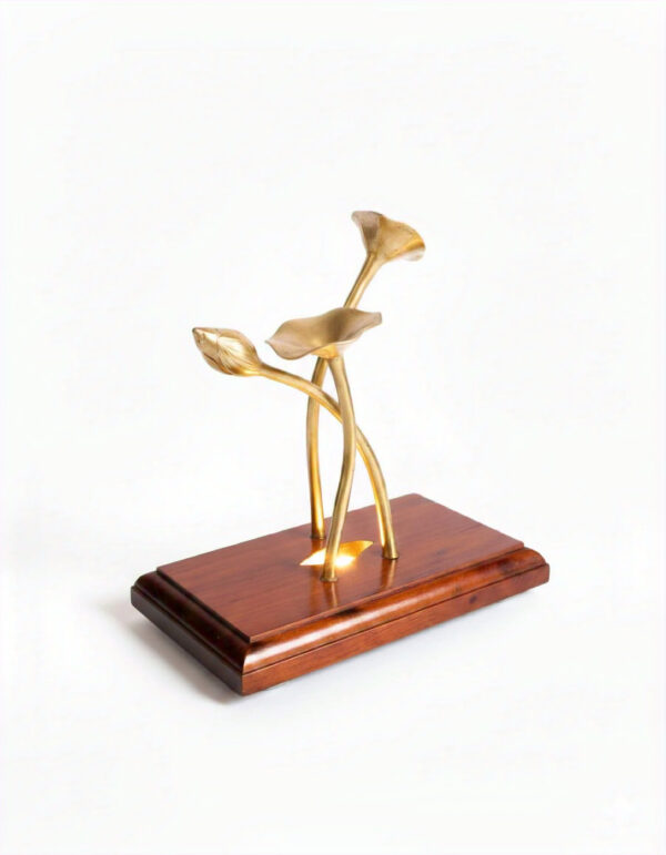 Handcrafted brass floral sculpture with wooden base modern home decor
