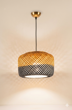 Midnight Weave Cane Pendant Lamp – Handcrafted Two-Tone Hanging Light Handcrafted two-tone cane pendant lamp with cylindrical woven design and warm ambient lighting