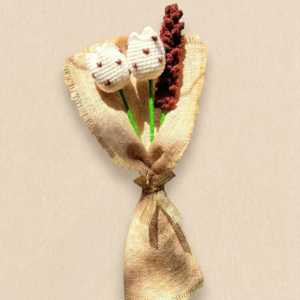 Handmade crochet tulip flower bouquet with rustic fabric wrapping