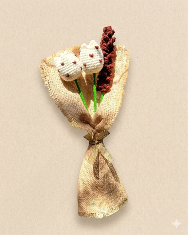 Handmade Crochet Tulip Flower Bouquet for Gifts & Home Décor Handmade crochet tulip flower bouquet with rustic fabric wrapping