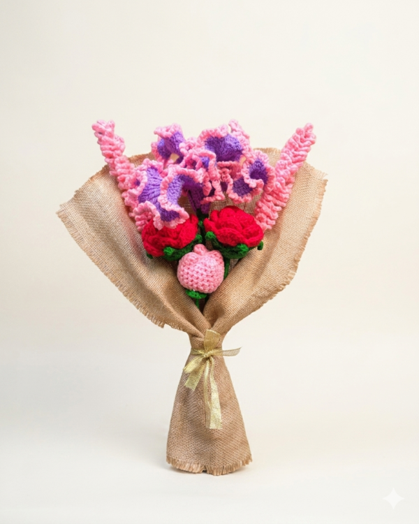 Blush Bloom Handmade Crochet Flower Bouquet Handmade crochet flower bouquet with pink, lavender, and red flowers wrapped in rustic fabric