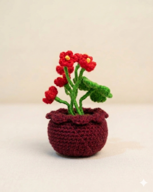 Ruby Bloom Handmade Crochet Flower Pot Handmade crochet red flower pot decor with green stems and brown crochet pot