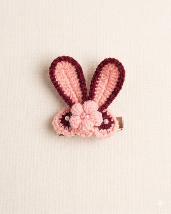 Blush Bunny Handmade Crochet Hair Clip Handmade blush pink crochet bunny hair clip with floral details and pearl accents