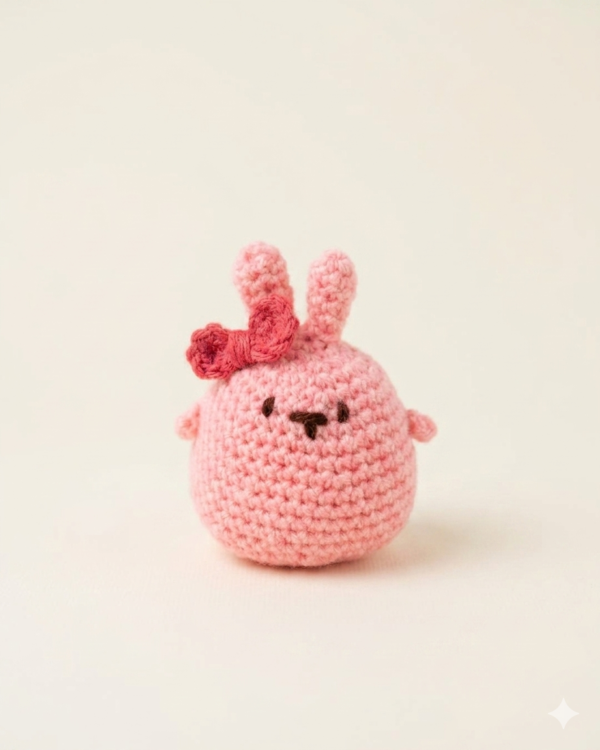Handmade blush pink crochet bunny plush with mini bow detail