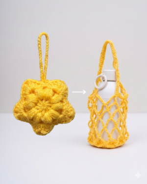 Sunny Bloom Handmade Crochet Holder Pouch Handmade yellow crochet holder pouch with floral puff design and mesh storage detail