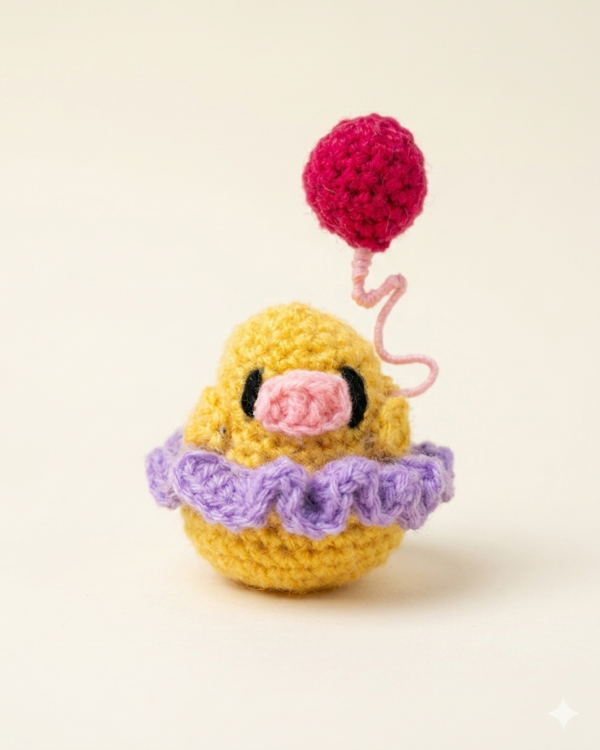 Sunny Puff Handmade Crochet Chick Plush Handmade yellow crochet chick plush with lavender ruffle collar and balloon detail