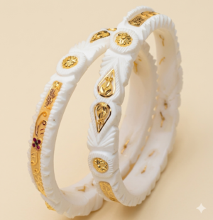 Royal Gold Accent Sankha Bangles Set White Sankha bangles with gold decorative accents and traditional design